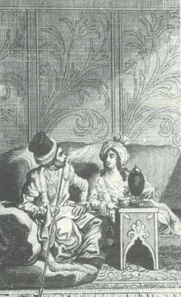 Black-and-white painting depicting two men dressed in traditional “Eastern” clothing sitting on a couch. Titled: “Drinking Coffee ‘À la turque’”