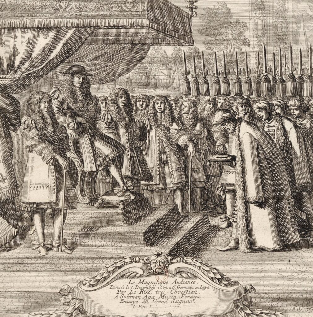 Painting depicting King Louis XIV upon a raised throne with a large audience. Suleiman Aga bows before him. Below this, text reads: La Magnifique Au-diance donnée le 5 décembre 1669 à S. Germain en Laye par le Roy très chrestien à Soliman Aga Musta-Feraga, envoyé du grand seigneur.