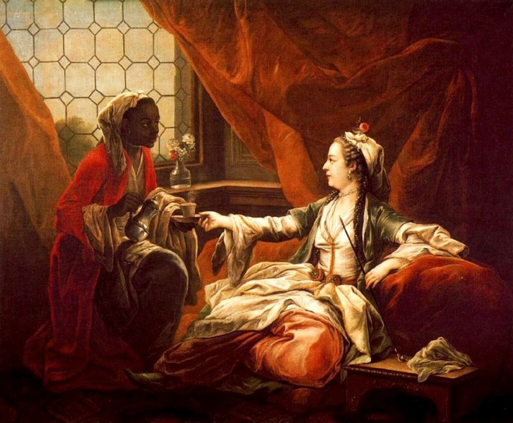 Painting depicting a white woman dressed lavishly, sitting upon a red couch with red curtains behind her. She is served coffee by a black woman.