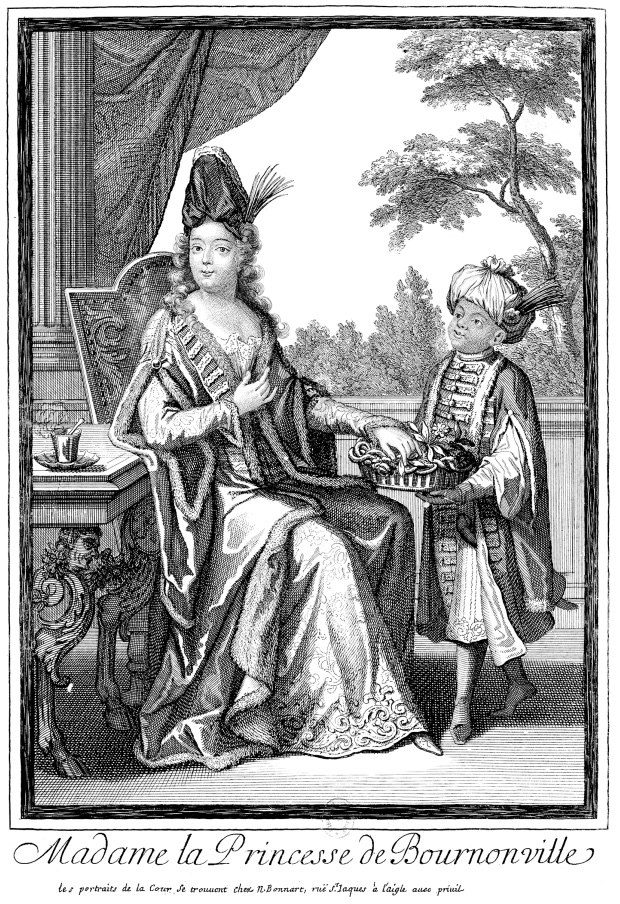 Black-and-white painting depicting a white princess dressed in a traditional European dress, sitting on a chair outdoors. A cup of coffee is on the table behind her and she is served by a young boy dressed in traditional “Eastern” clothing. Below this, text reads: Madame la Princess de Bournonville