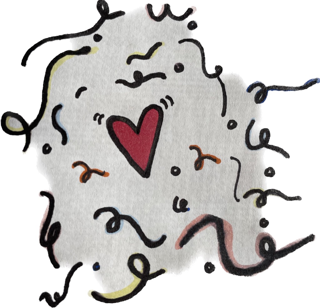 Ink drawing of red heart surrounded by colorful swirls and polka dots, representative of the loving energy felt in Tank Co-op.