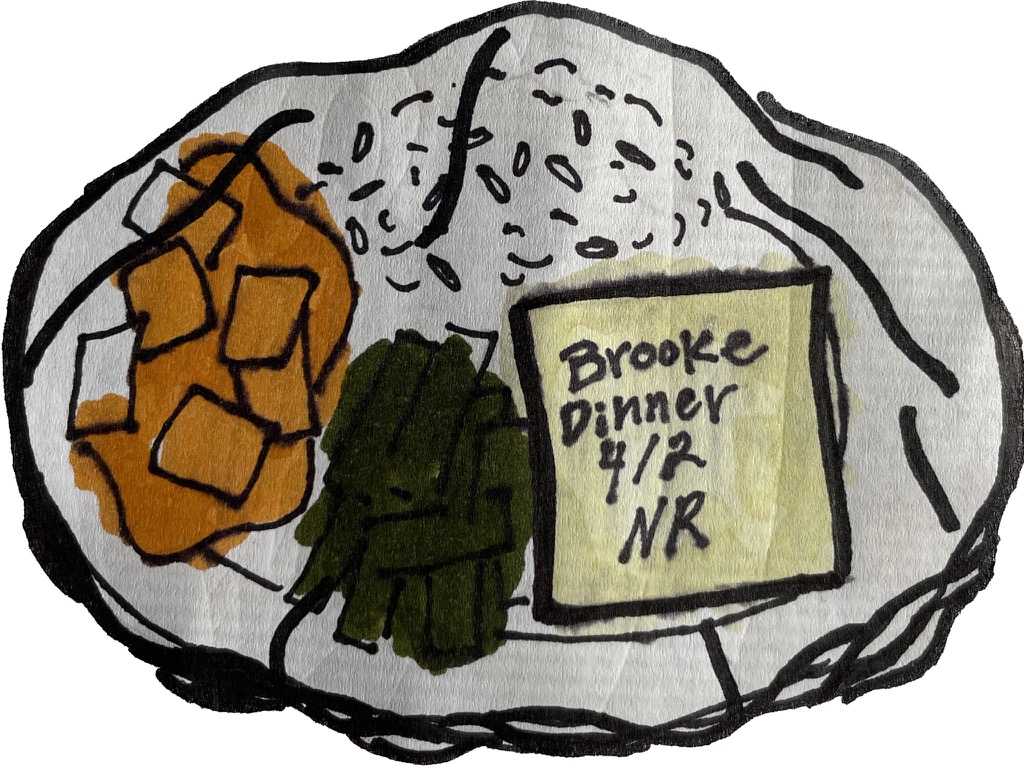 Ink drawing of coop Saveplate covered with plastic wrap and labeled with author’s name, meal date, and dietary restrictions (NR indicates no dietary restrictions).
