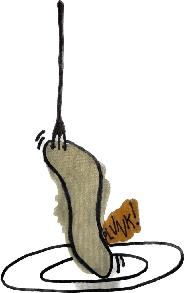 Ink drawing of celeriac glop sliding off fork and flopping back onto a plate.