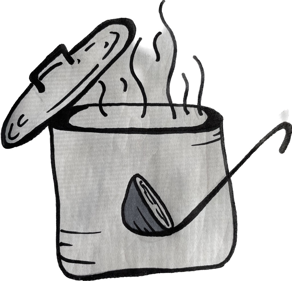 Ink drawing of steaming co-op serving pot and ladle ready for meal.