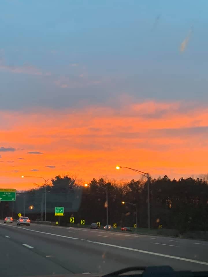 a vivid sunset over I-95, taken on the drive home after the trip in Rhode Island written about in my story.